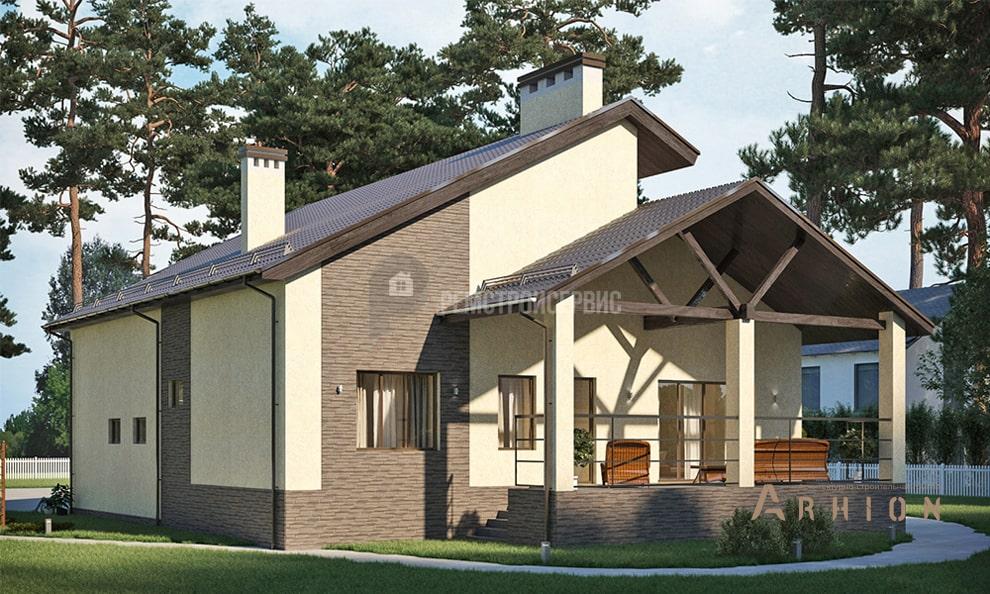 2. Проект одноэтажного дома в стиле шале с двускатной кровлей, t-13-01, площадью - 370 кв c цокольным этажом, мансардой, терассой, балконом